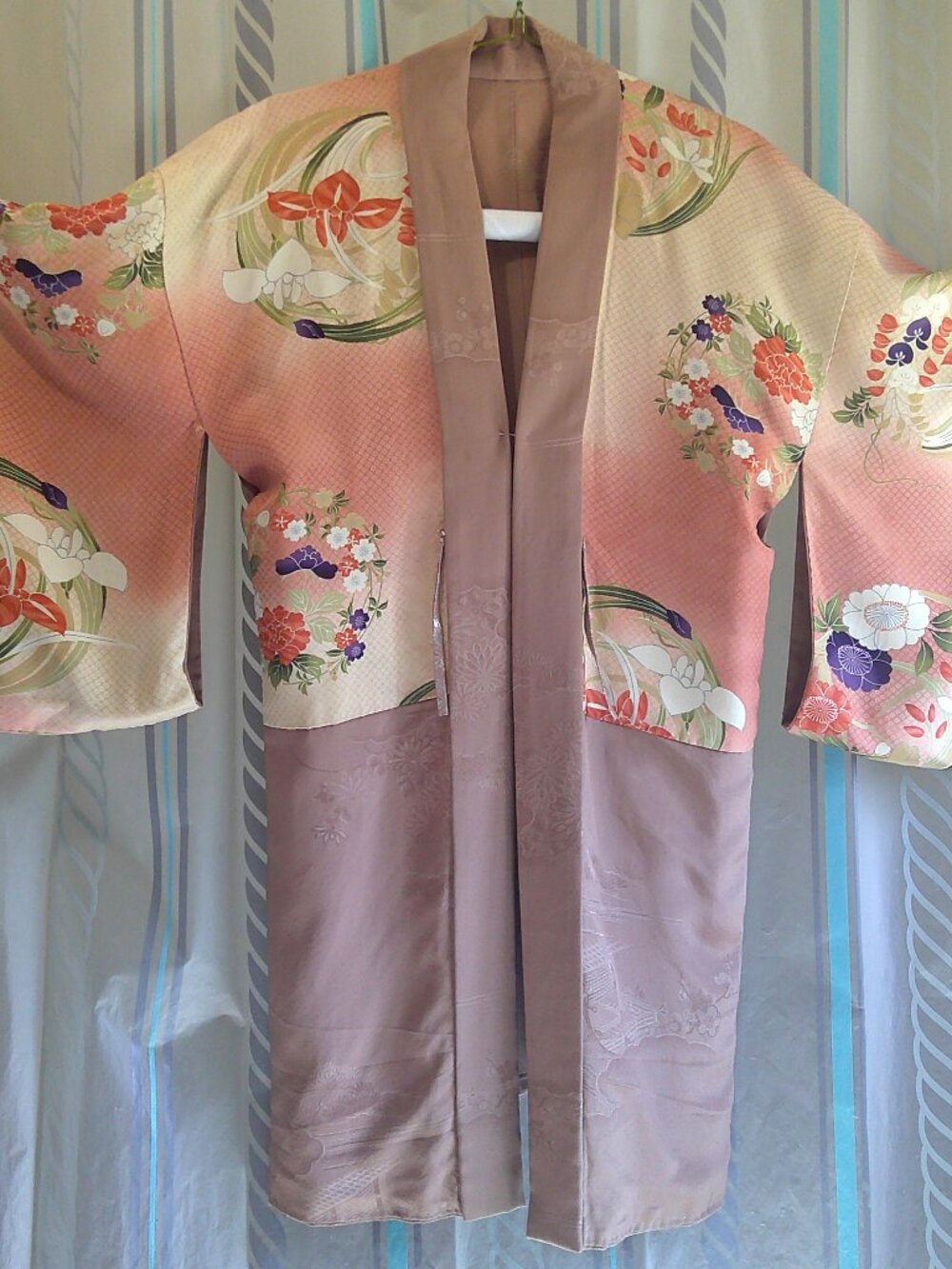 Vtg Silk Irises Reversible Kimono Robe/Haori Robe Cherry Blossoms Brocade O/S